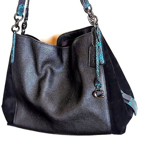 COACH Dalton ♣️Black Color Block Suede/Leather Turquoise& Black Snake Detail - Picture 1 of 17